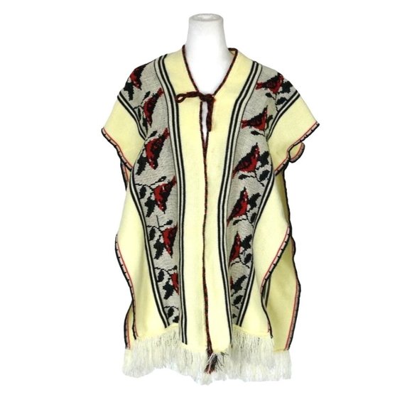 Vintage Jackets & Blazers - Vintage Poncho Serape Sleeveless Red Birds Ties at Collar Unisex One Size Fits M
